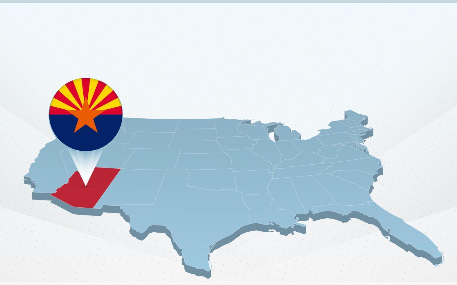 Arizona state map on United States of America map in perspective. vector