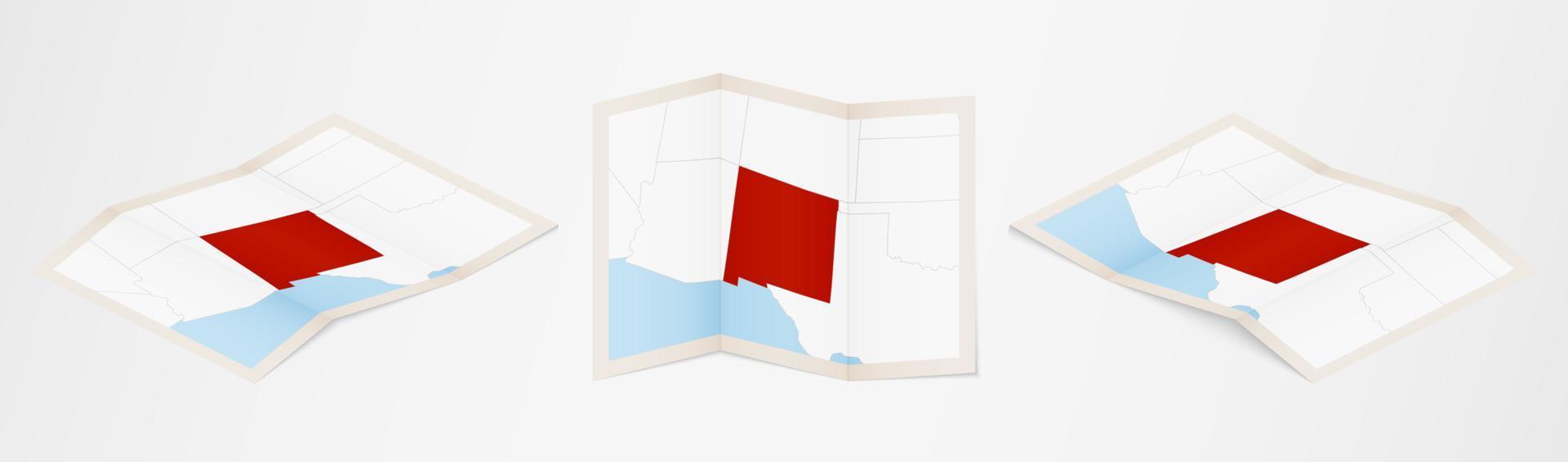 Folded map of New Mexico in three different versions. vector