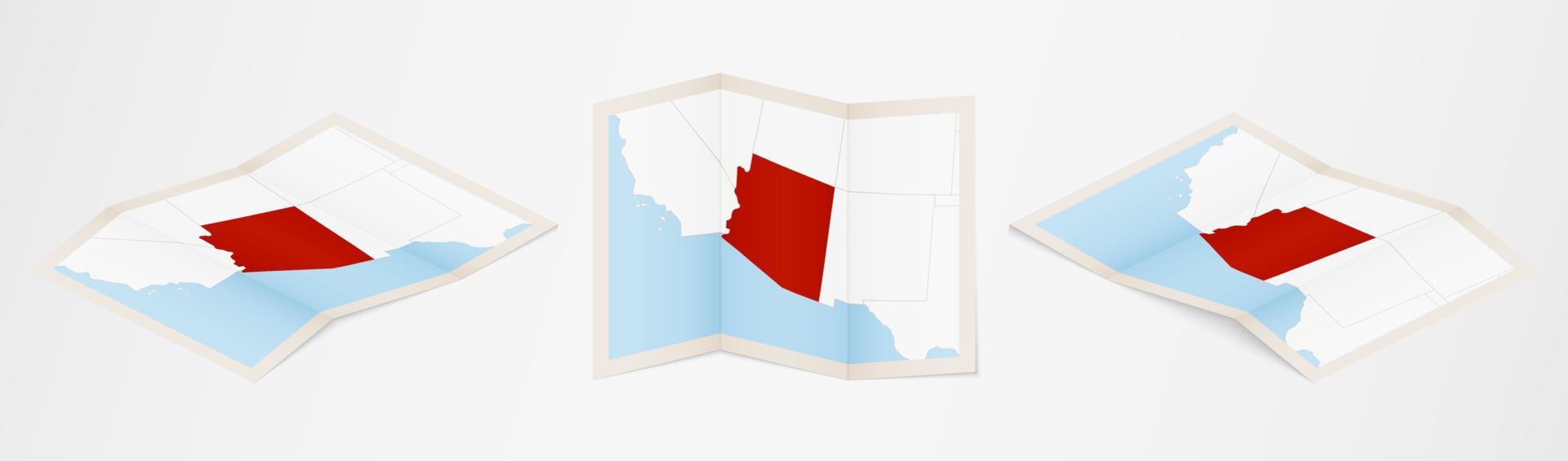 Folded map of Arizona in three different versions. vector