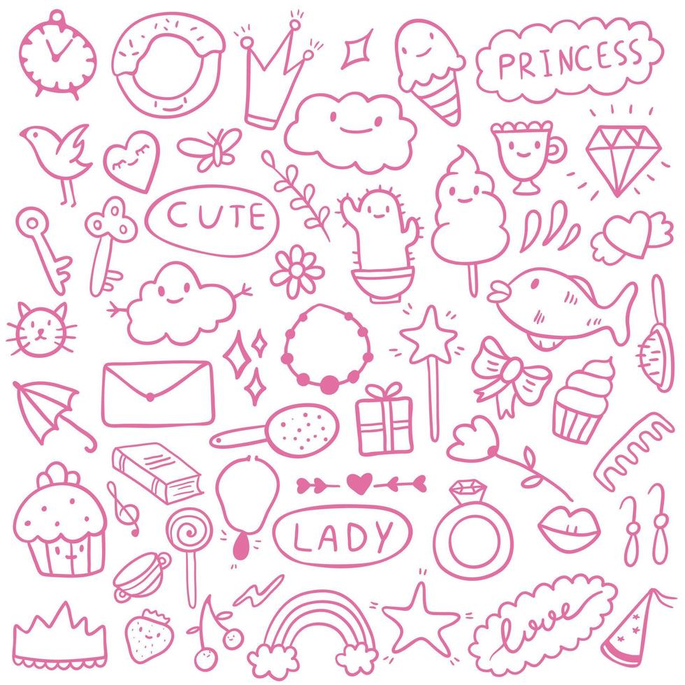 conjunto de ilustraciones vectoriales de iconos de garabatos rosas. tema para chicas lindas, princesas, dulces, decoraciones. todas las imágenes están aisladas. adecuado para fondos, papel de regalo. vector
