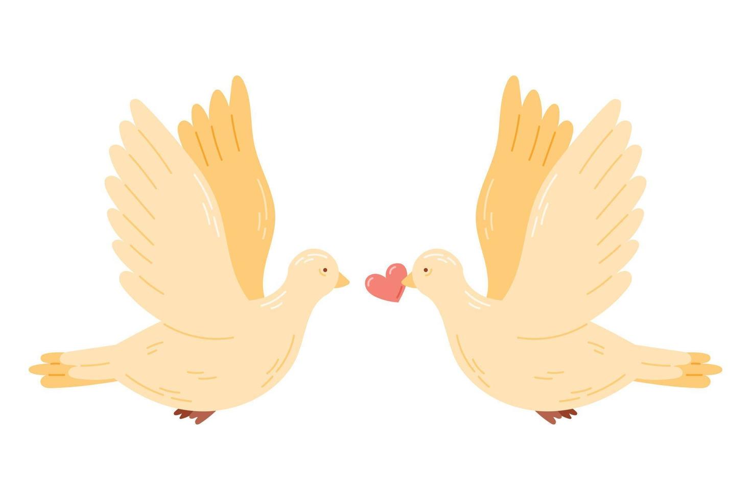 A pair of doves in love holding a heart in its beak. Vector isolated cartoon illustration.