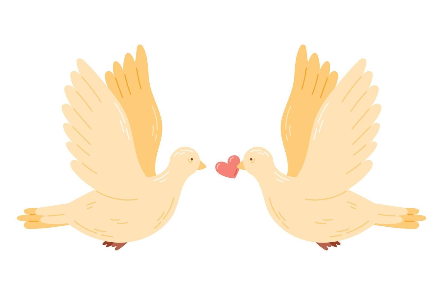 A pair of doves in love holding a heart in its beak. Vector isolated cartoon illustration.