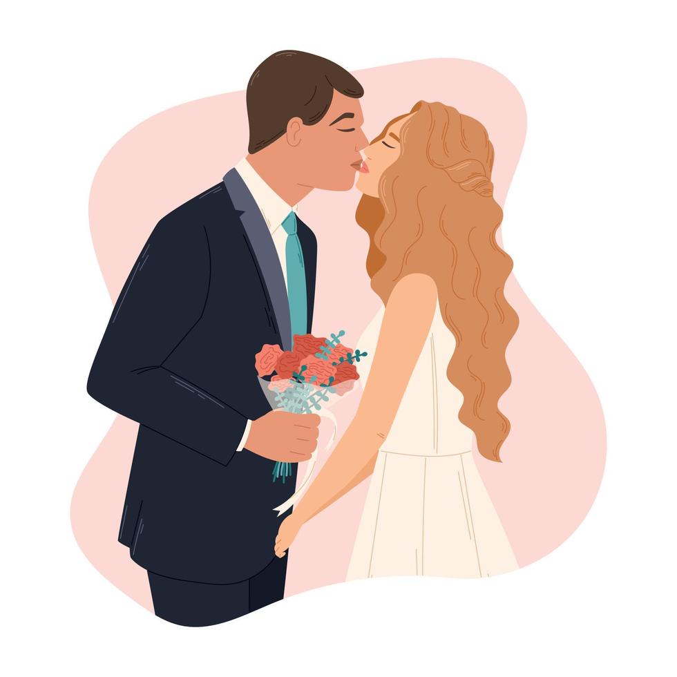 pareja enamorada besándose, el novio con traje y la novia con vestido de novia. ilustración vectorial de dibujos animados aislados. vector