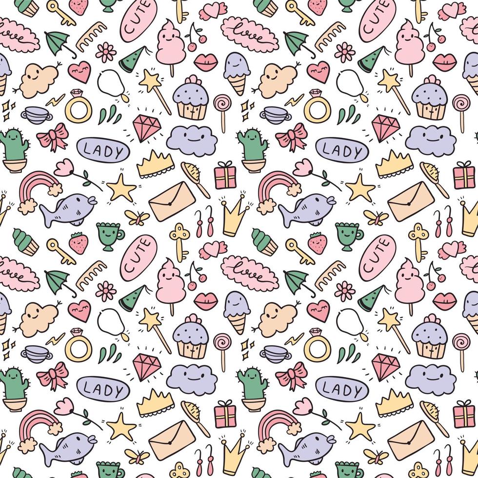 Vector seamless pattern set of doodle icons. Theme for cute girls, princess, sweets, decorations. All images are isolated. Suitable for backgrounds, wrapping paper.