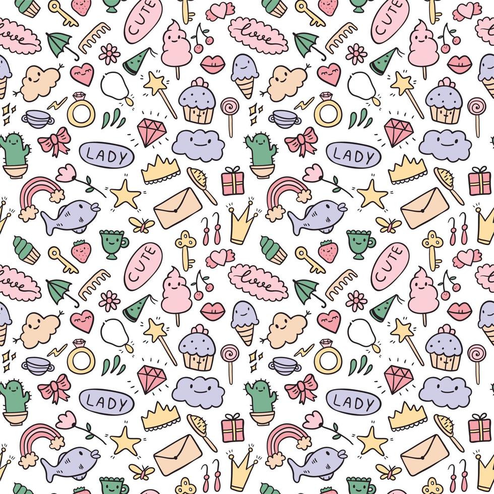 Vector seamless pattern set of doodle icons. Theme for cute girls, princess, sweets, decorations. All images are isolated. Suitable for backgrounds, wrapping paper.