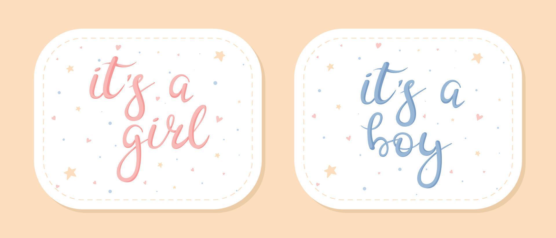Vector banner or card for a gender party with lettering its a boy, its a girl.