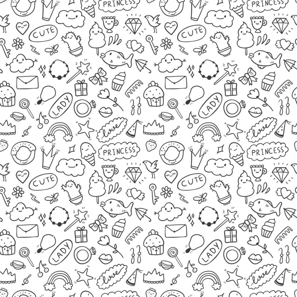 Vector seamless pattern set of doodle icons. Theme for cute girls, princess, sweets, decorations. All images are isolated. Suitable for backgrounds, wrapping paper.