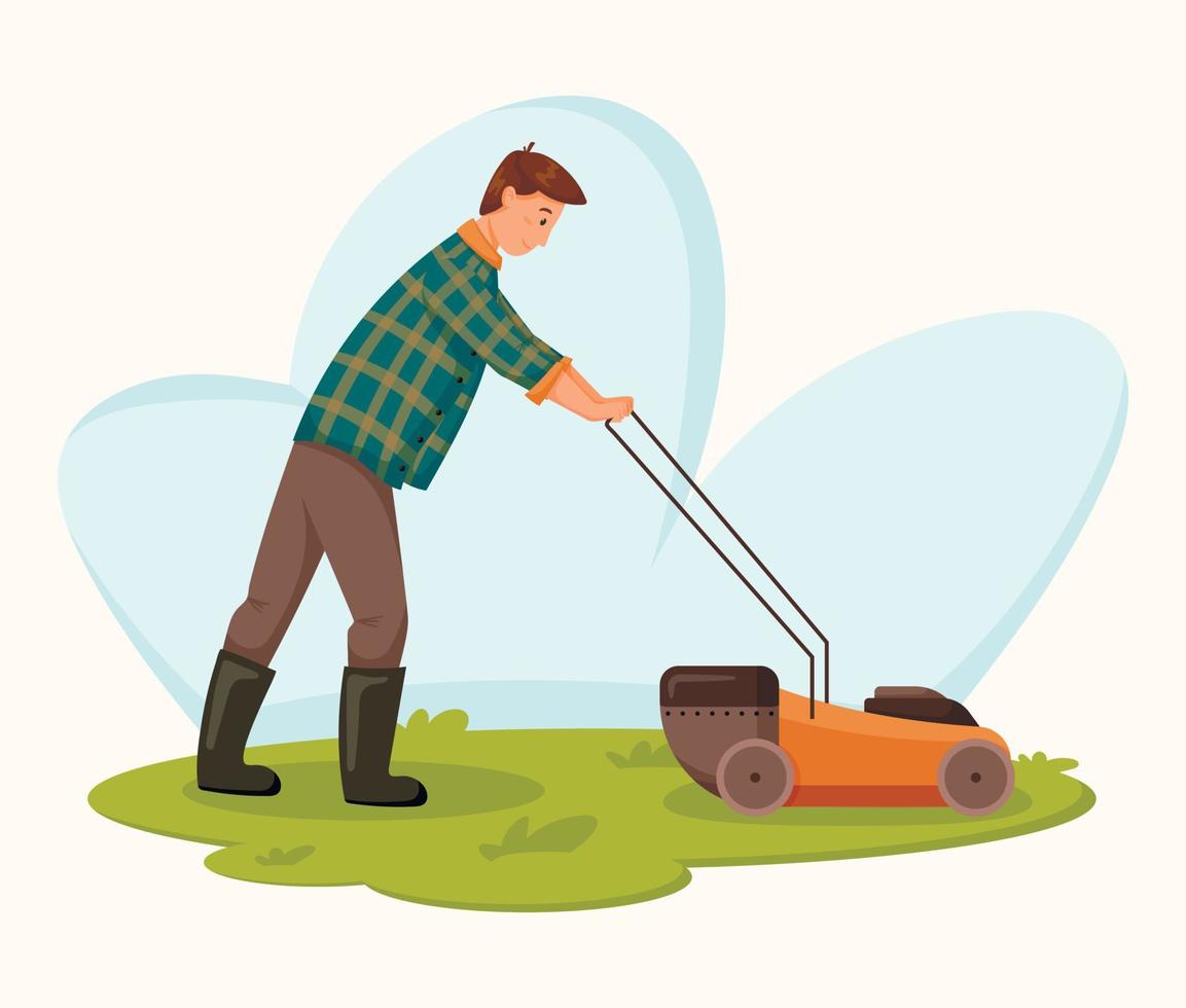 Vector male gardener worker with electric lawn mower.