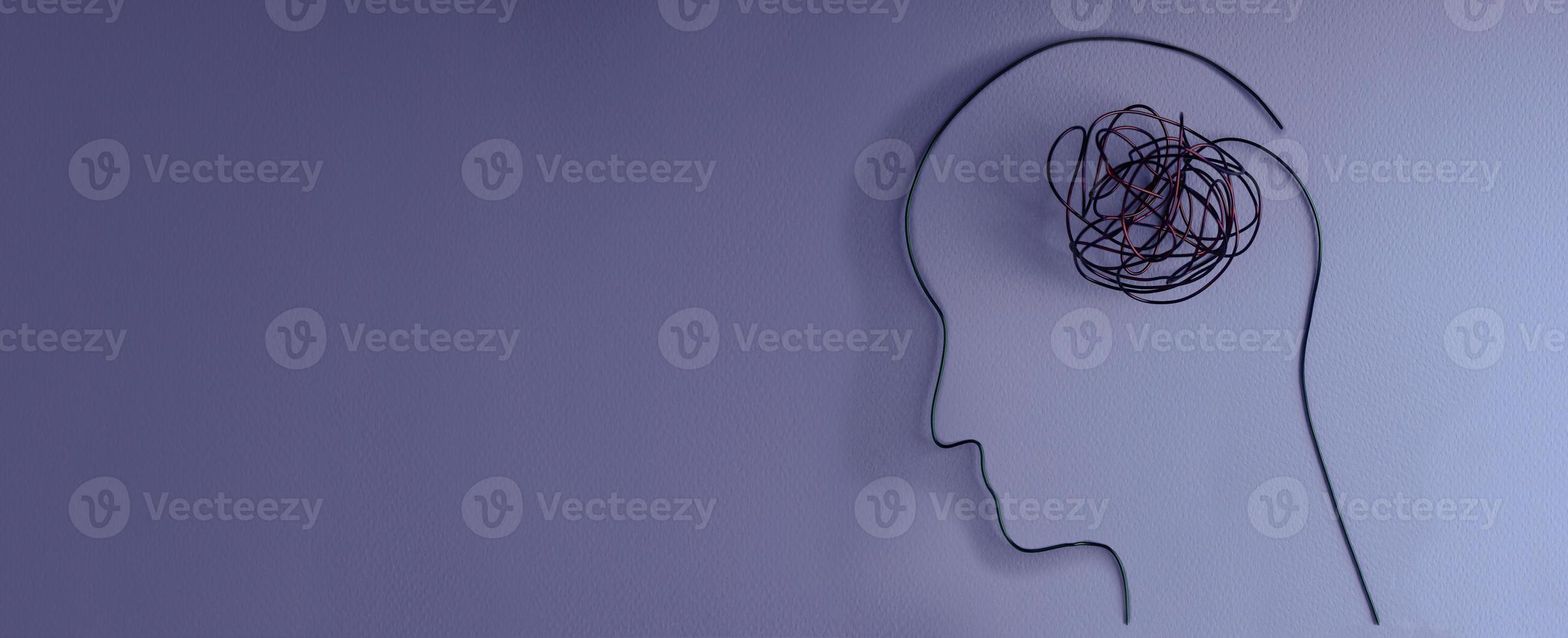 Mental Health Disorder Concept. Weak, Stressed Down Person. Negative Feeling. Depressed Emotional inside a Brain and Mind. Human Head and Brain made by Messy Wire. Top View with Copy Space photo