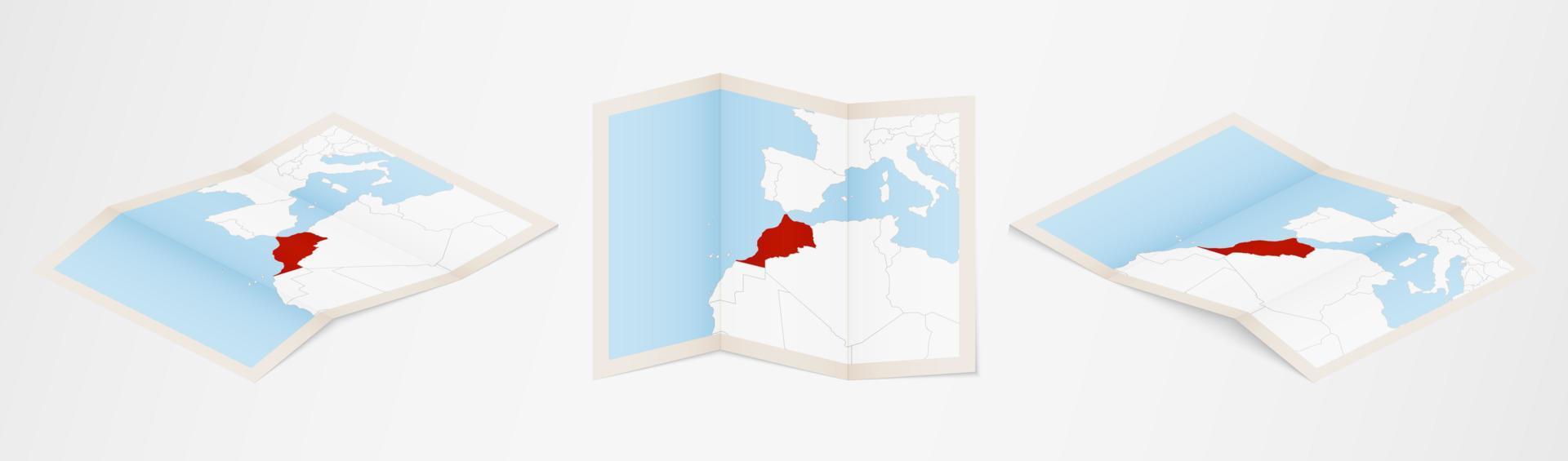 Folded map of Morocco in three different versions. vector