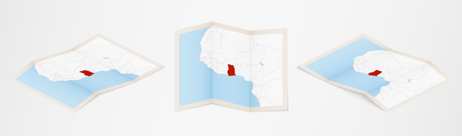 Folded map of Ghana in three different versions. vector