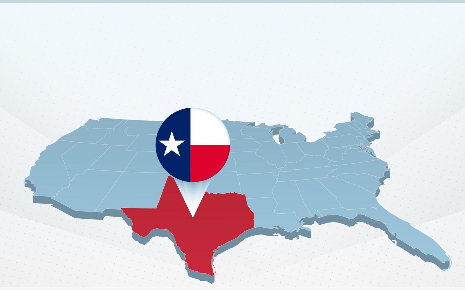 mapa del estado de texas en el mapa de estados unidos de américa en perspectiva. vector