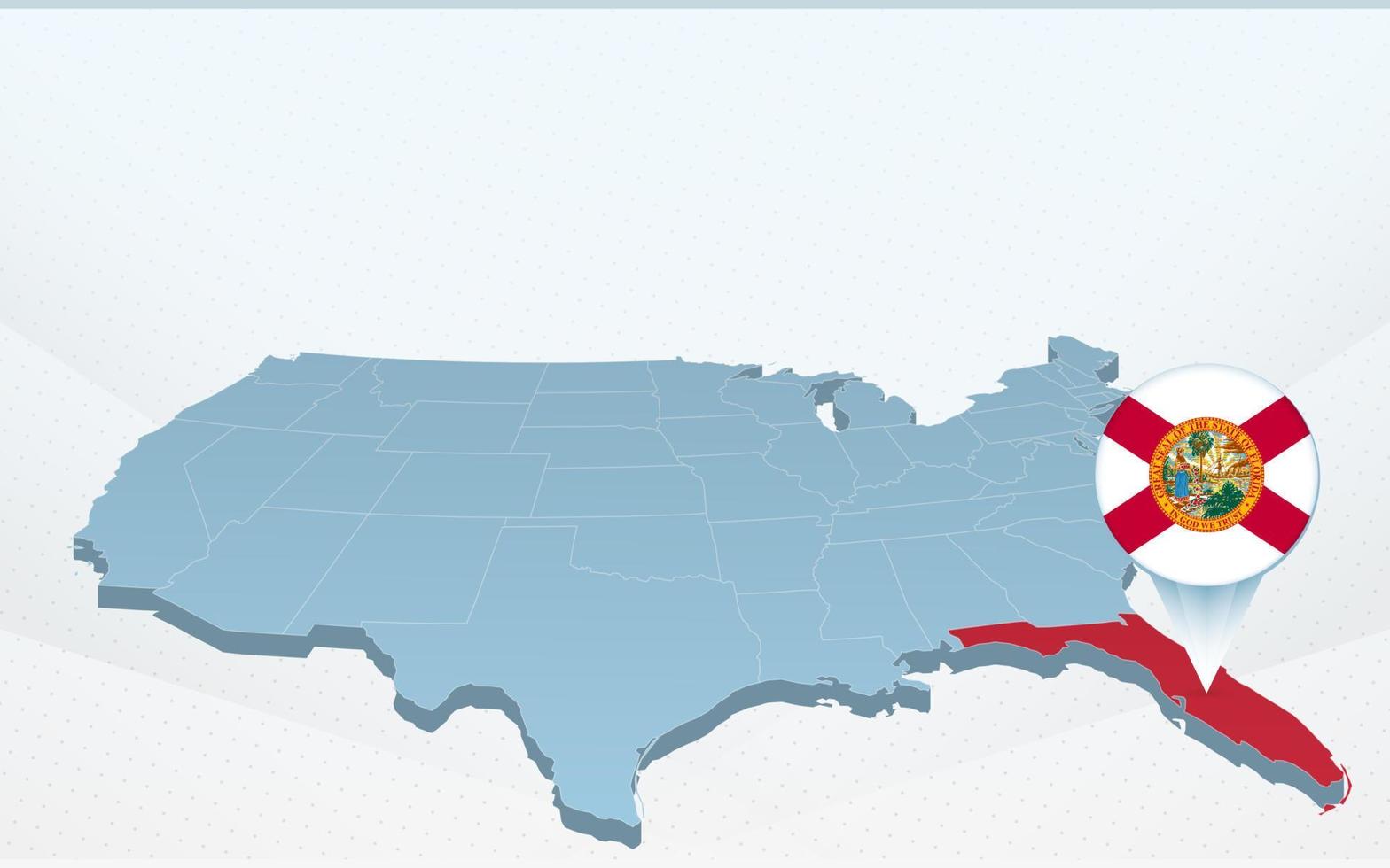 mapa del estado de florida en el mapa de estados unidos de américa en perspectiva. vector