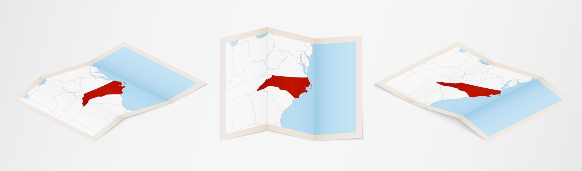 mapa plegado de carolina del norte en tres versiones diferentes. vector