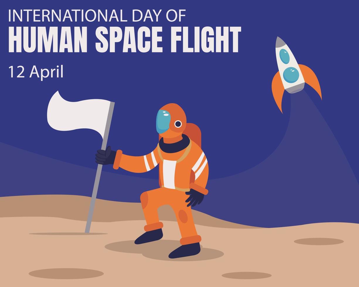 illustration vector graphic of an astronaut is planting a flag on the moon, showing rocket take off, perfect for international day, human space flight, celebrate, greeting card, etc.