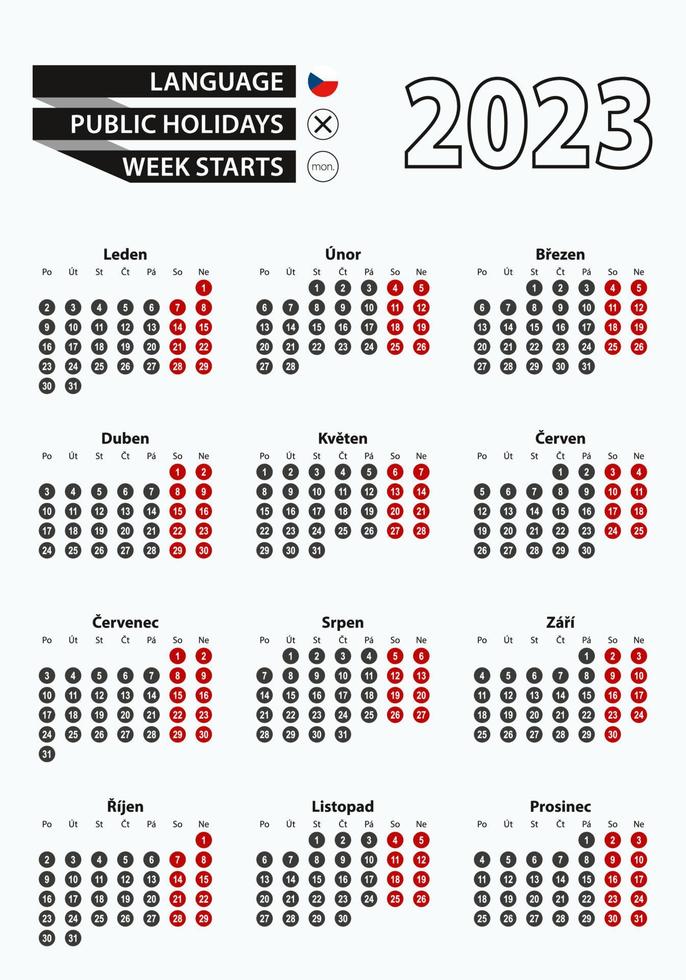 calendario de plantilla vectorial 2023 con número en círculos, calendario checo simple para el año 2023. vector