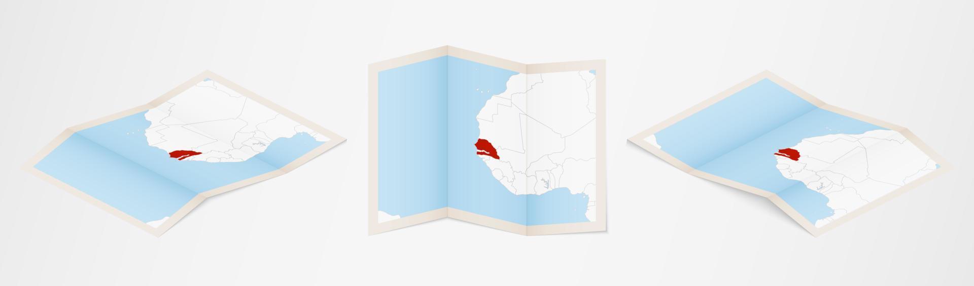 mapa plegado de senegal en tres versiones diferentes. vector