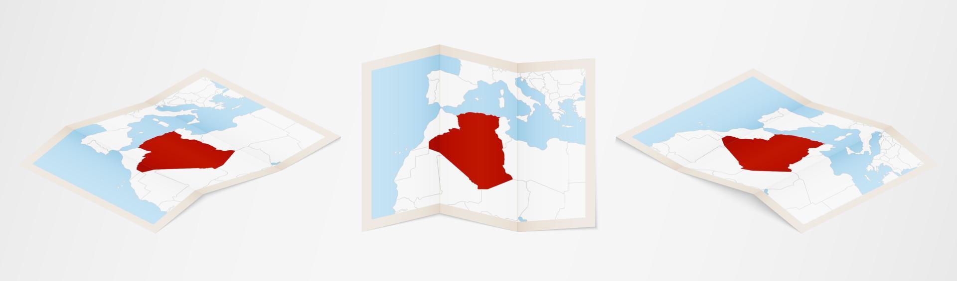 Folded map of Algeria in three different versions. vector