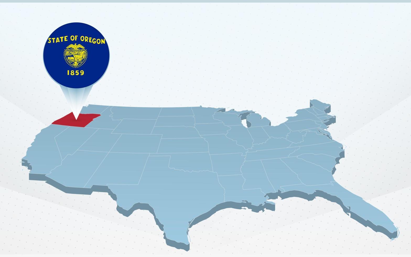 Mapa del estado de Oregon en el mapa de los Estados Unidos de América en perspectiva. vector