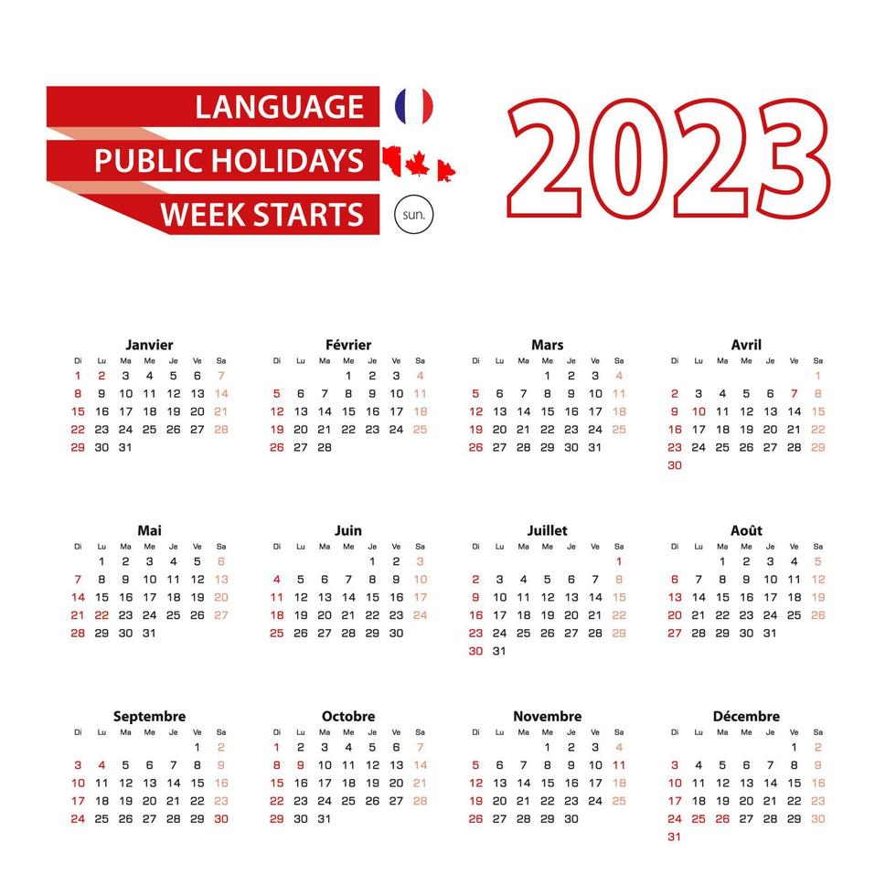 Calendar 2023 in French language with public holidays the country of Canada in year 2023. vector