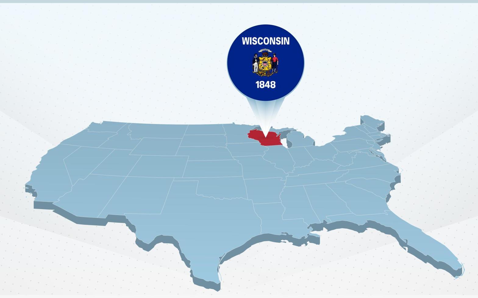 mapa del estado de wisconsin en el mapa de los estados unidos de américa en perspectiva. vector