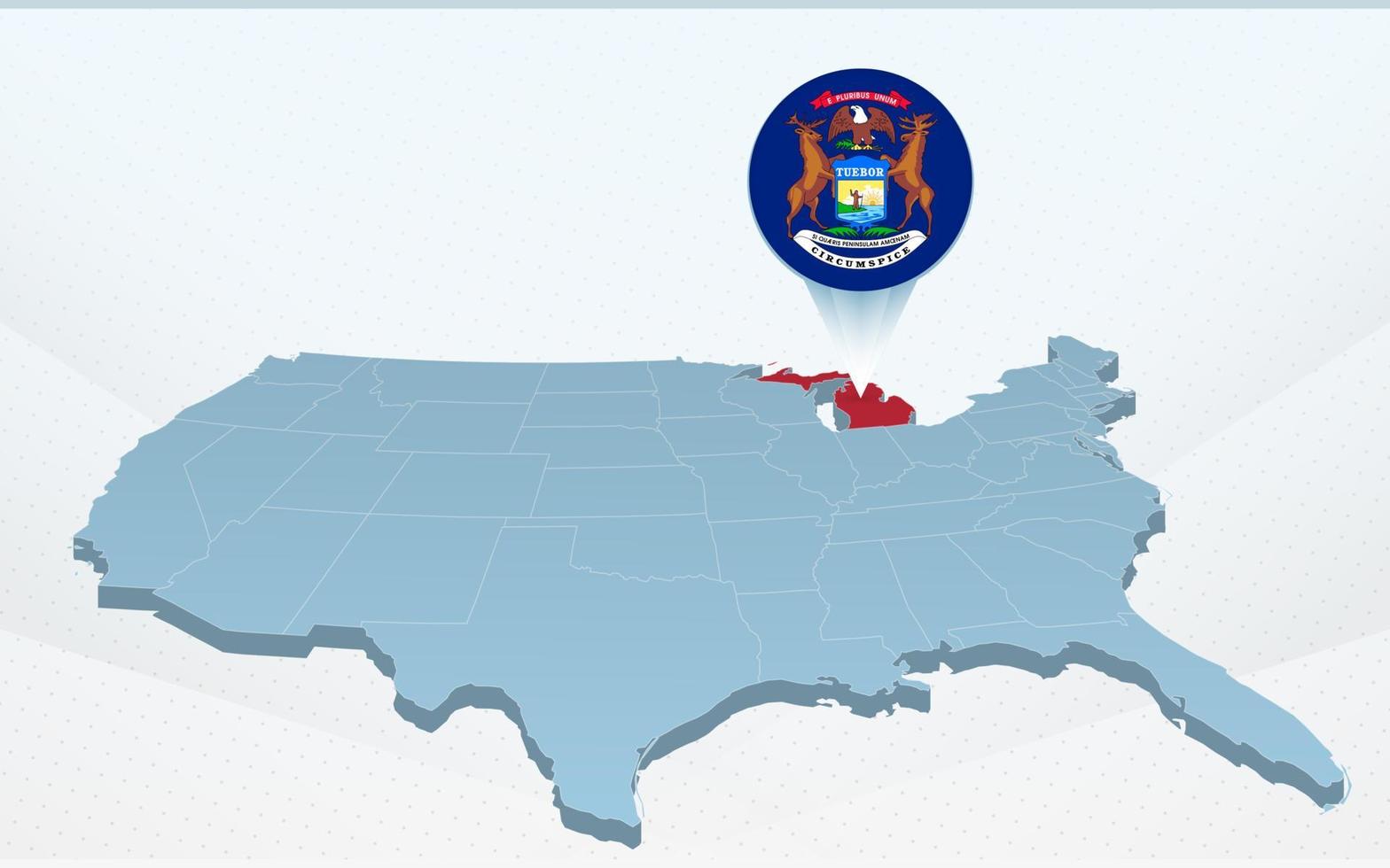 mapa del estado de michigan en el mapa de estados unidos de américa en perspectiva. vector