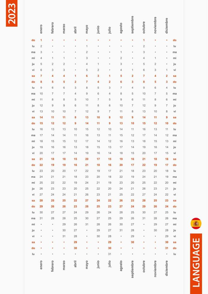 Spanish one row vertical calendar 2023, sunday first day of the week. vector