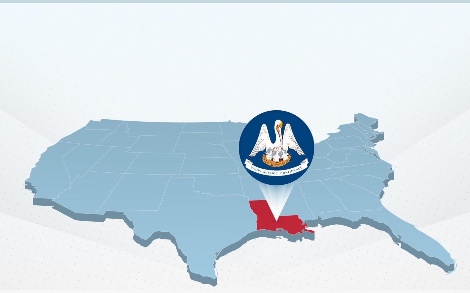 Louisiana state map on United States of America map in perspective. vector