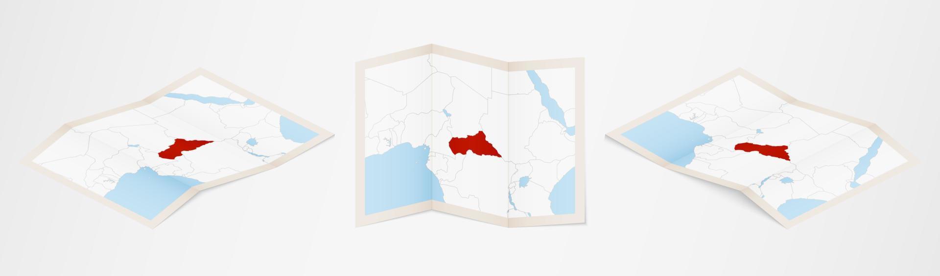 mapa plegado de la república centroafricana en tres versiones diferentes. vector