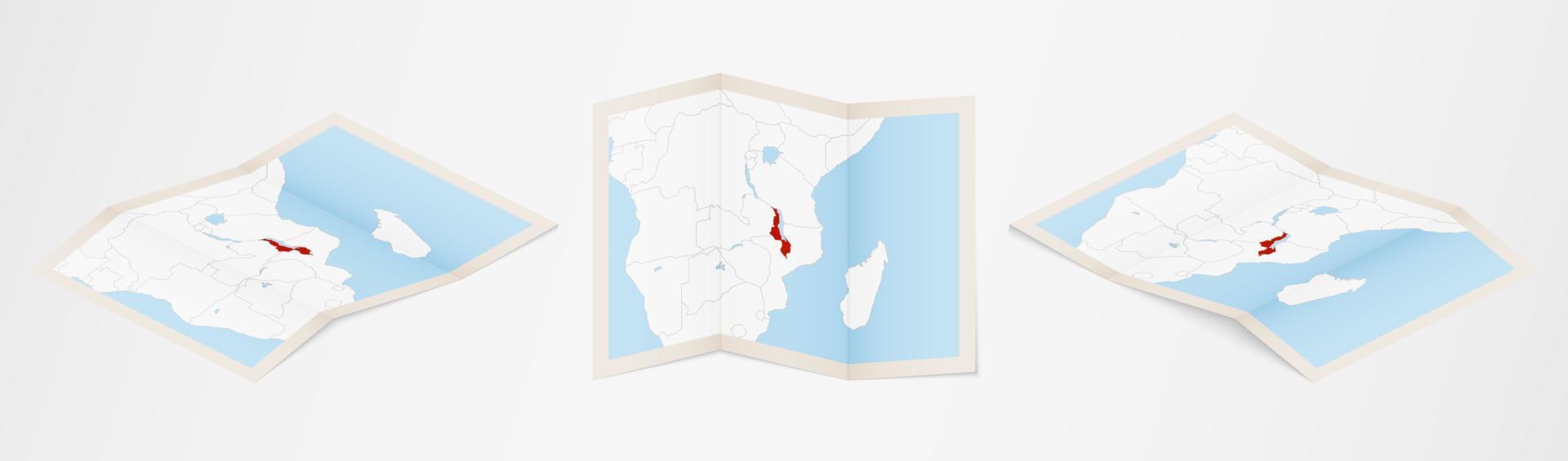 Folded map of Malawi in three different versions. vector