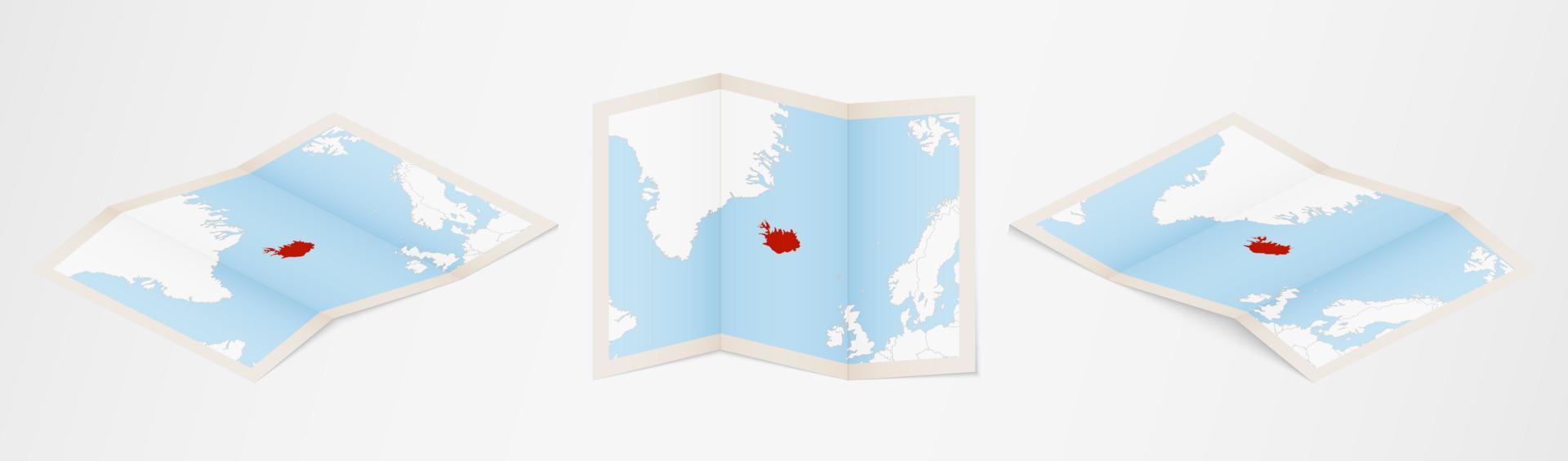 Folded map of Iceland in three different versions. vector