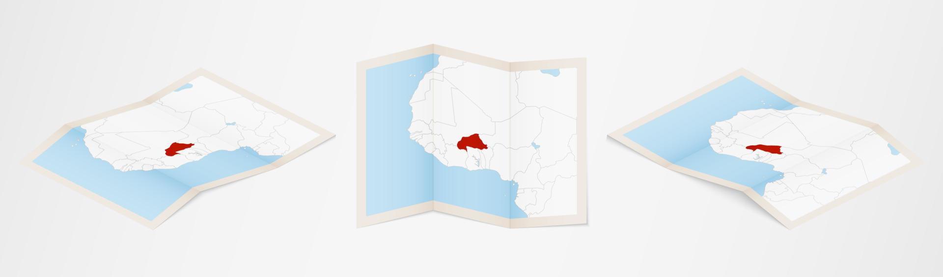 Folded map of Burkina Faso in three different versions. vector