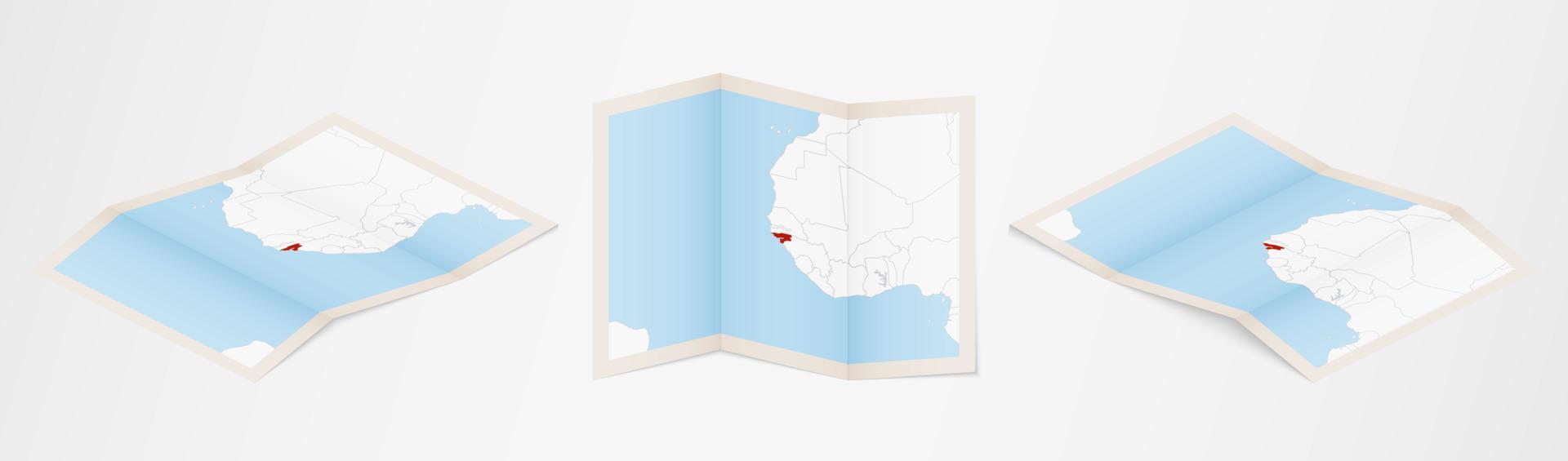mapa plegado de guinea-bissau en tres versiones diferentes. vector