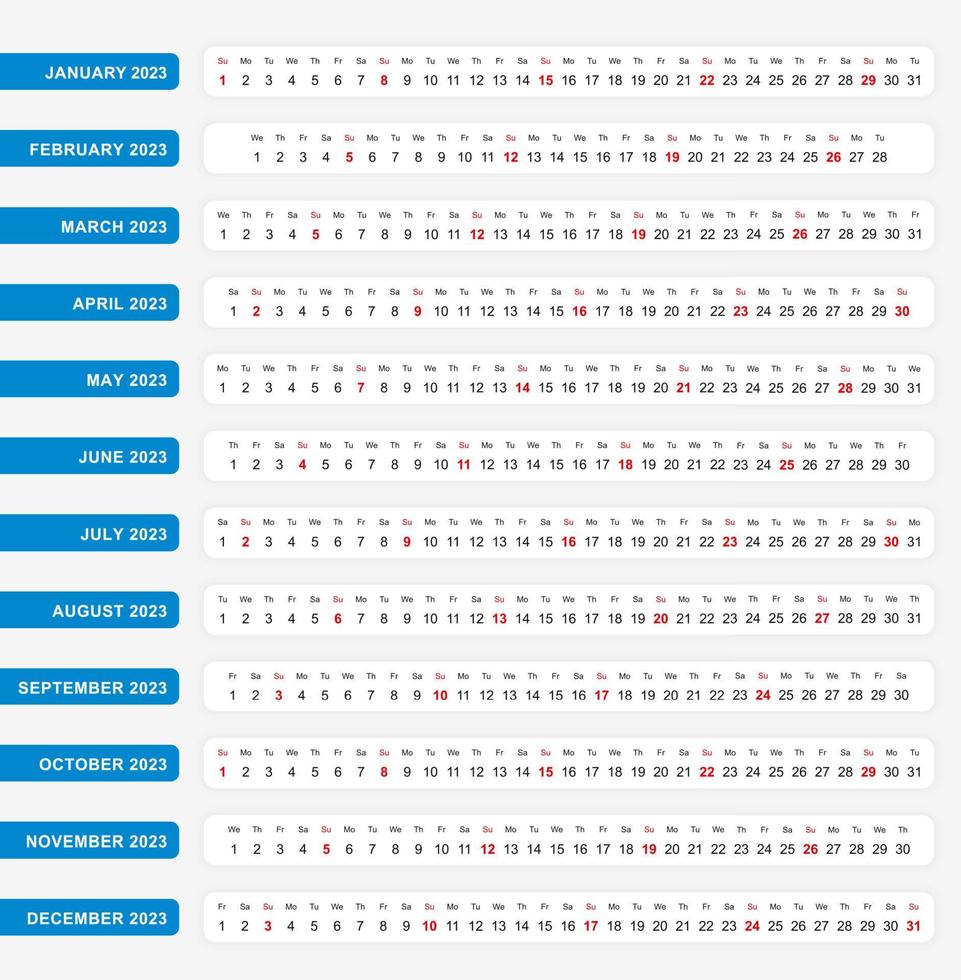 calendario horizontal de una línea 2023, plantilla de calendario de una línea para su diseño. vector