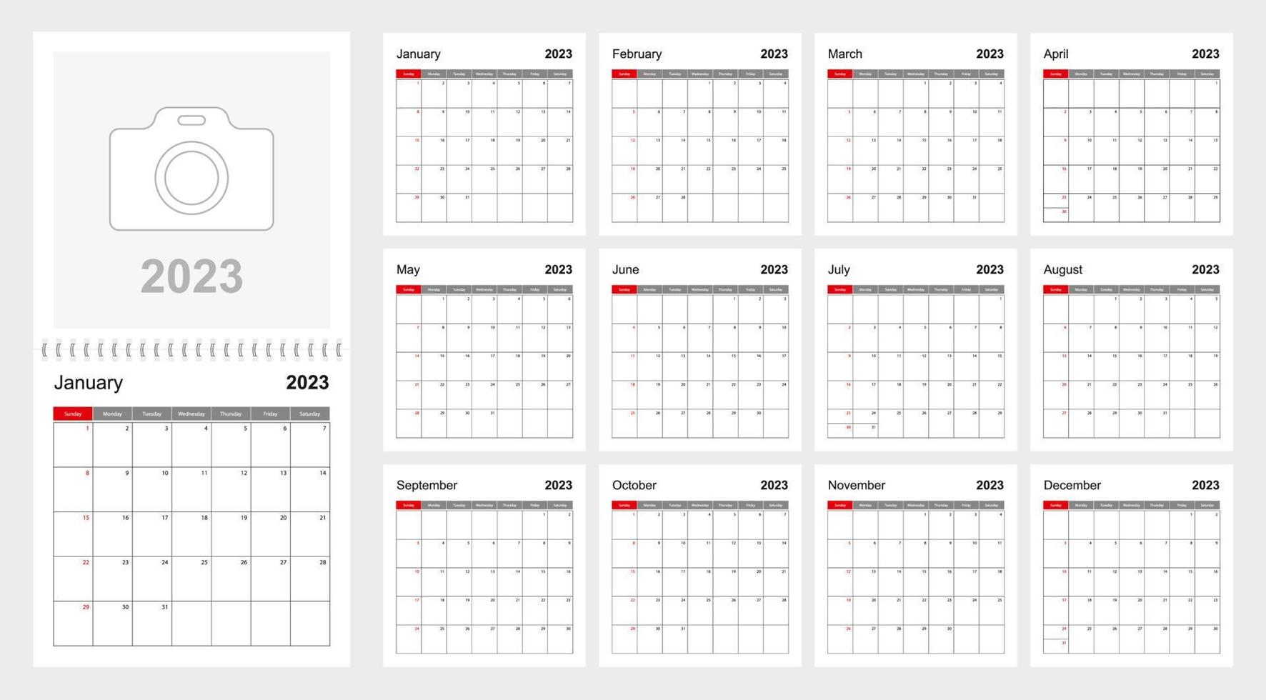 plantilla de calendario de pared para el año 2023. planificador de vacaciones y eventos, la semana comienza el domingo. vector