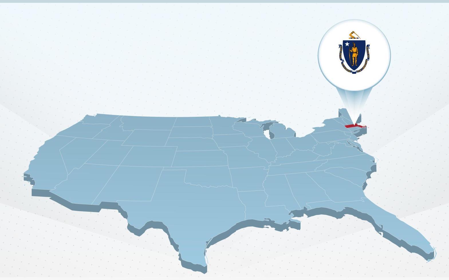 mapa del estado de massachusetts en el mapa de estados unidos de américa en perspectiva. vector