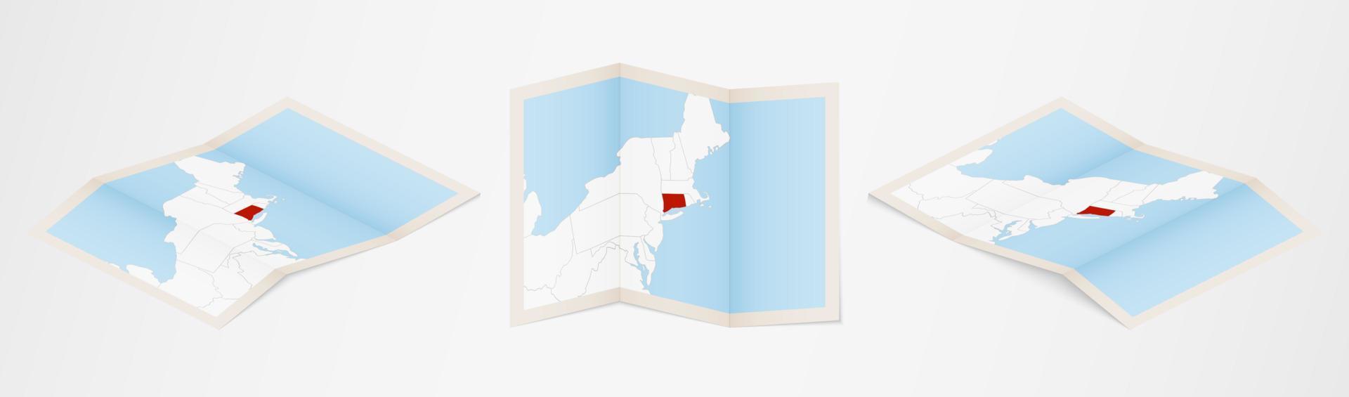 Folded map of Connecticut in three different versions. vector