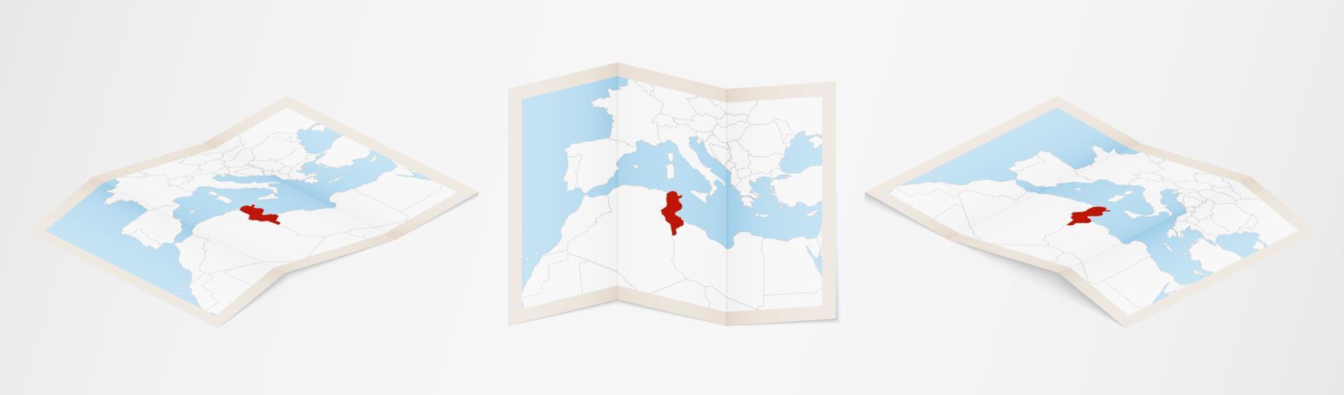 Folded map of Tunisia in three different versions. vector