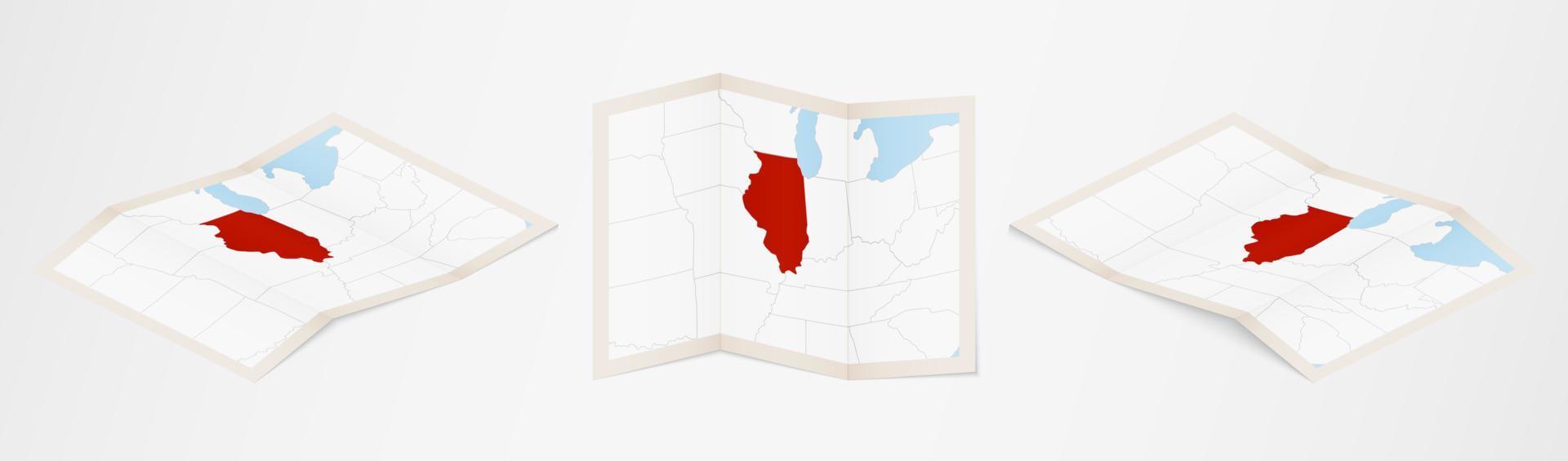 Folded map of Illinois in three different versions. vector