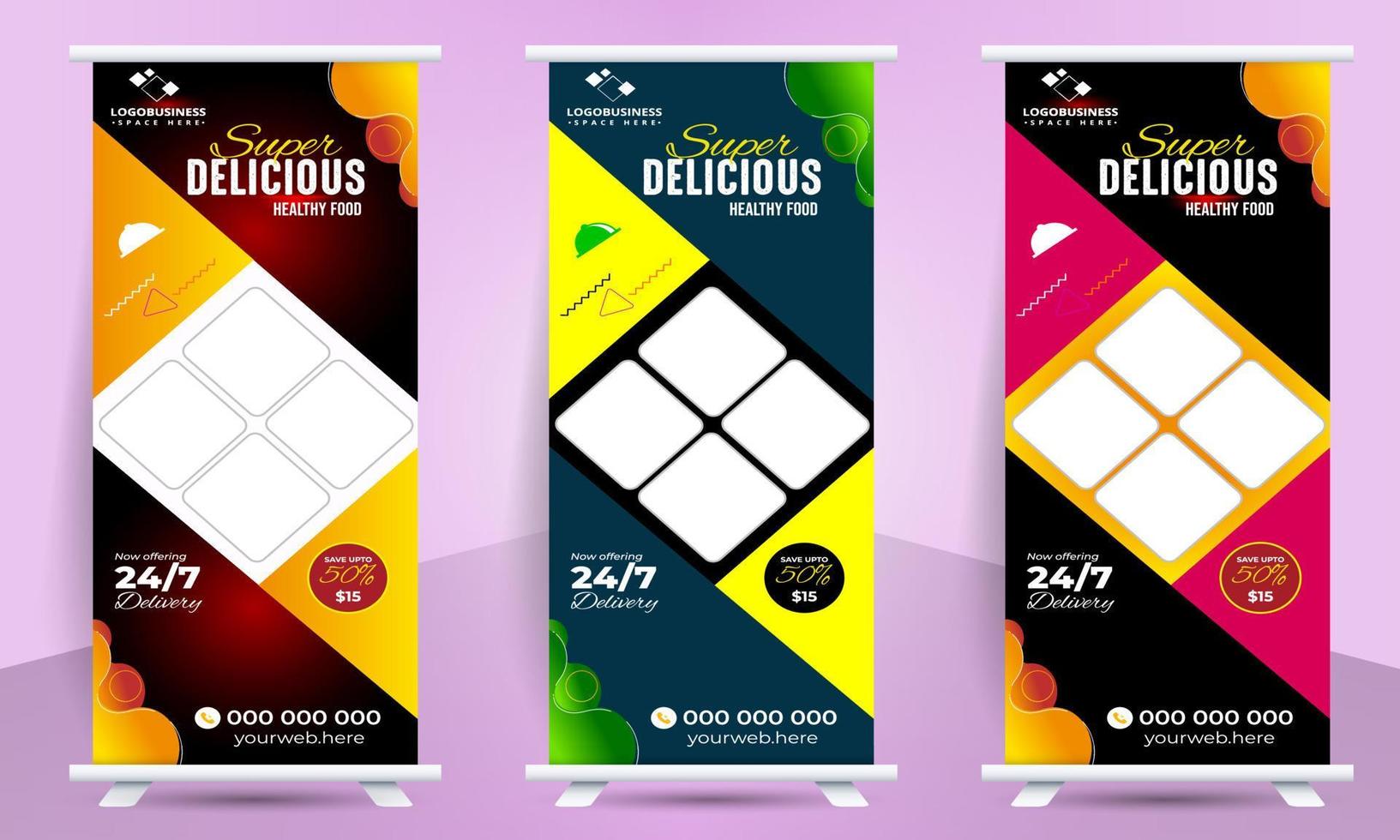 Food and Restaurant roll up banner design template, Standee Design Banner, Modern Business Food digital Roll Up Banner vector