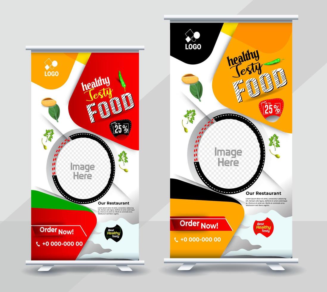 Food and Restaurant roll up banner design template, Standee Design Banner, Modern Business Food digital Roll Up Banner vector