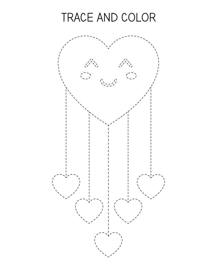 Trace and color worksheet for Valentine Day. Cute hear coloring.  Prewriting practice for toddler and preschool kids vector