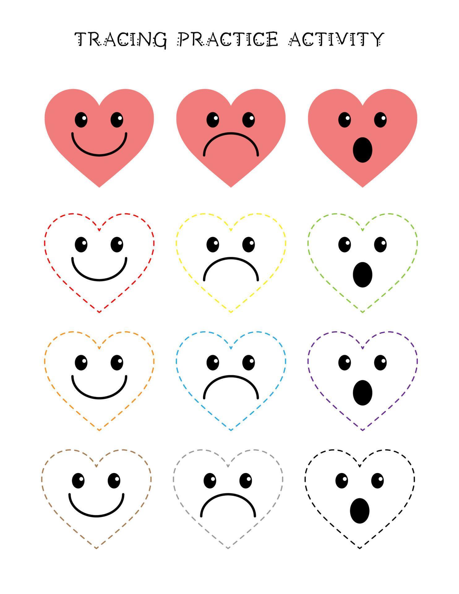Tracing practice for kids. Heart shape tracing worksheet. Valentine Day