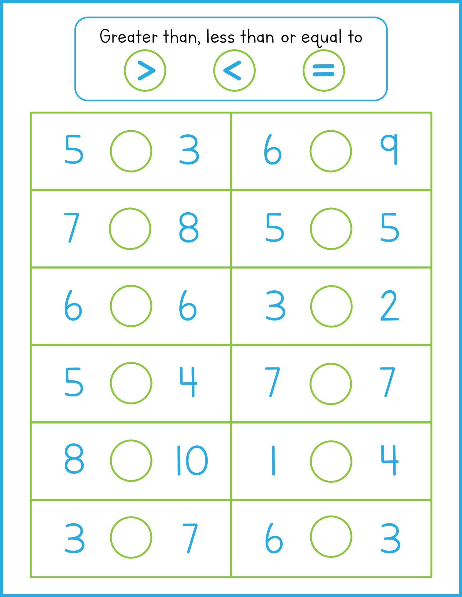 Math Worksheet For Kids Greater Less Or Equal Activity For School And 