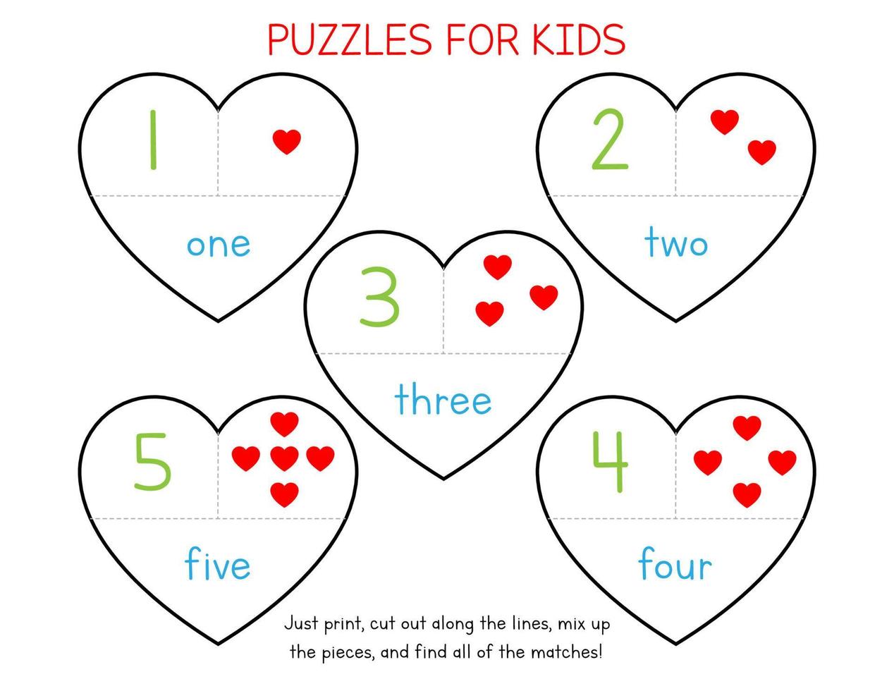 Math puzzles for kids. Matching activity for toddler and preschool kids. Numbers 1 to 5. Educational game for school and homeschool children vector