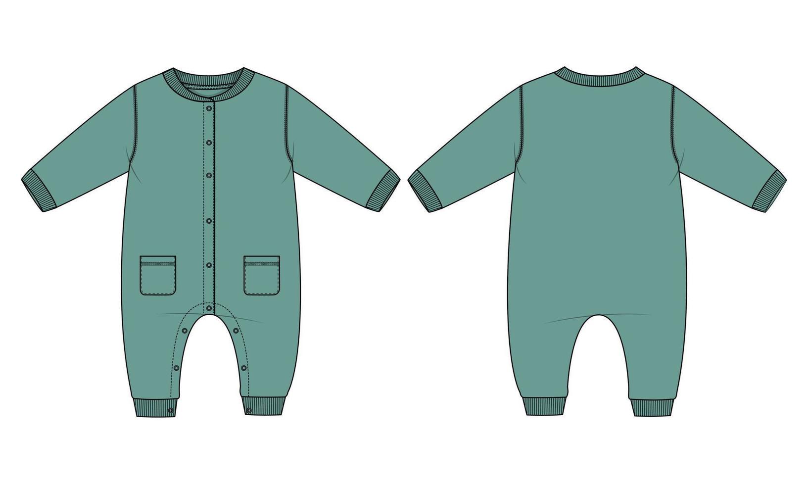 Baby bodysuit Romper Technical Fashion Flat sketch vector illustration template Front And back view.