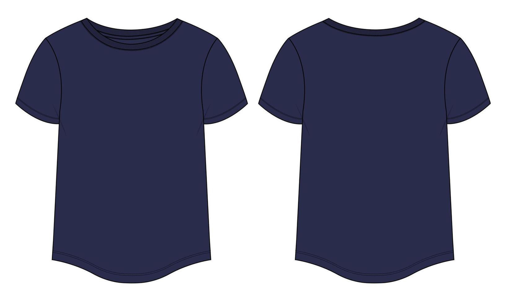 camiseta de manga corta con dobladillo inferior redondo diseño de vestido plantilla de ilustración de vector de boceto plano de moda técnica para niñas y mujeres.