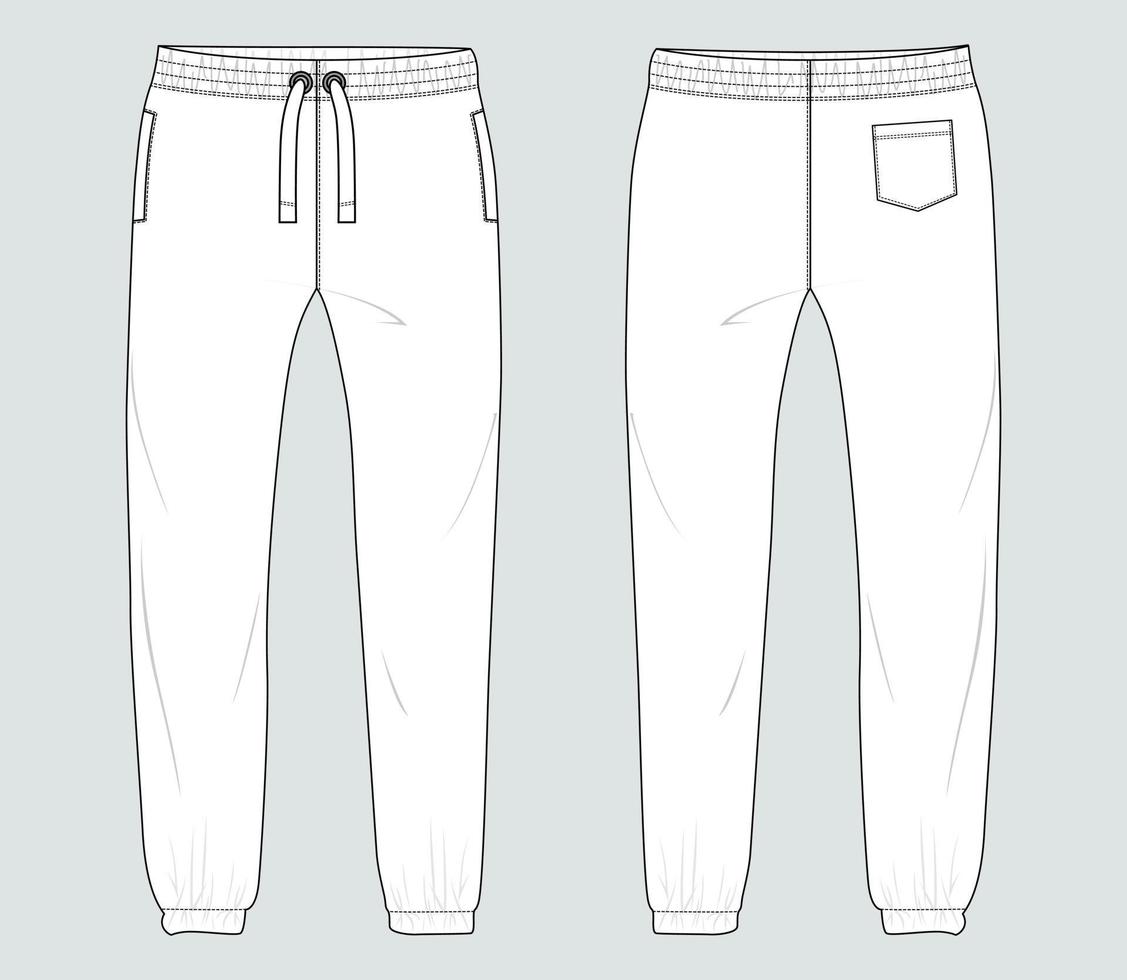 Fleece cotton jersey basic Sweat pant technical fashion flat sketch template front and back views. Apparel jogger pants vector illustration mock up for kids and boys.
