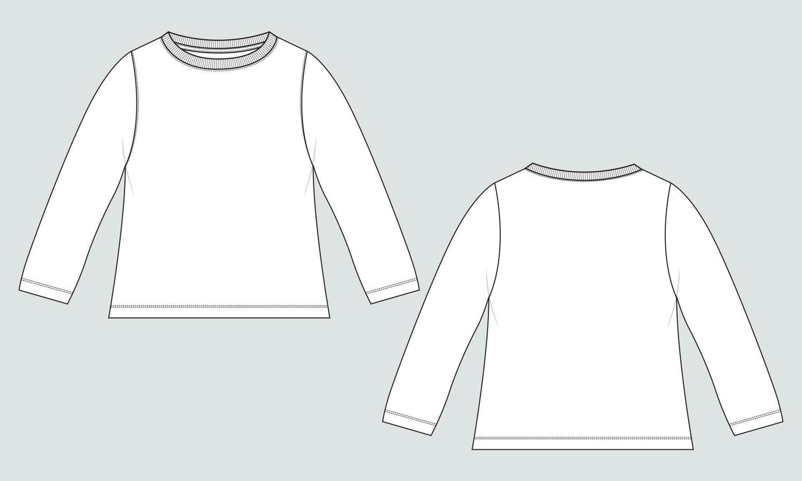 Long Sleeve With Round Neck, T- shirt tops Dress Design for kids and ladies. Technical fashion flat sketch Apparel Vector illustration Template Front and back views