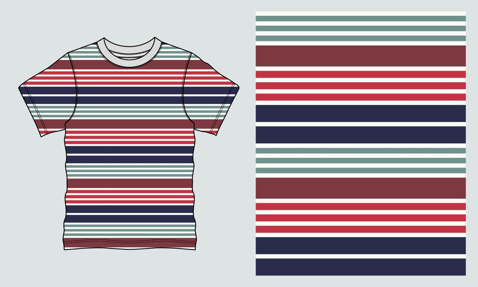 Regular fit Short sleeve T-shirt With All over Yarn dye Stripe technical Sketch fashion Flat Template. Vector illustration basic apparel design front and Back view.